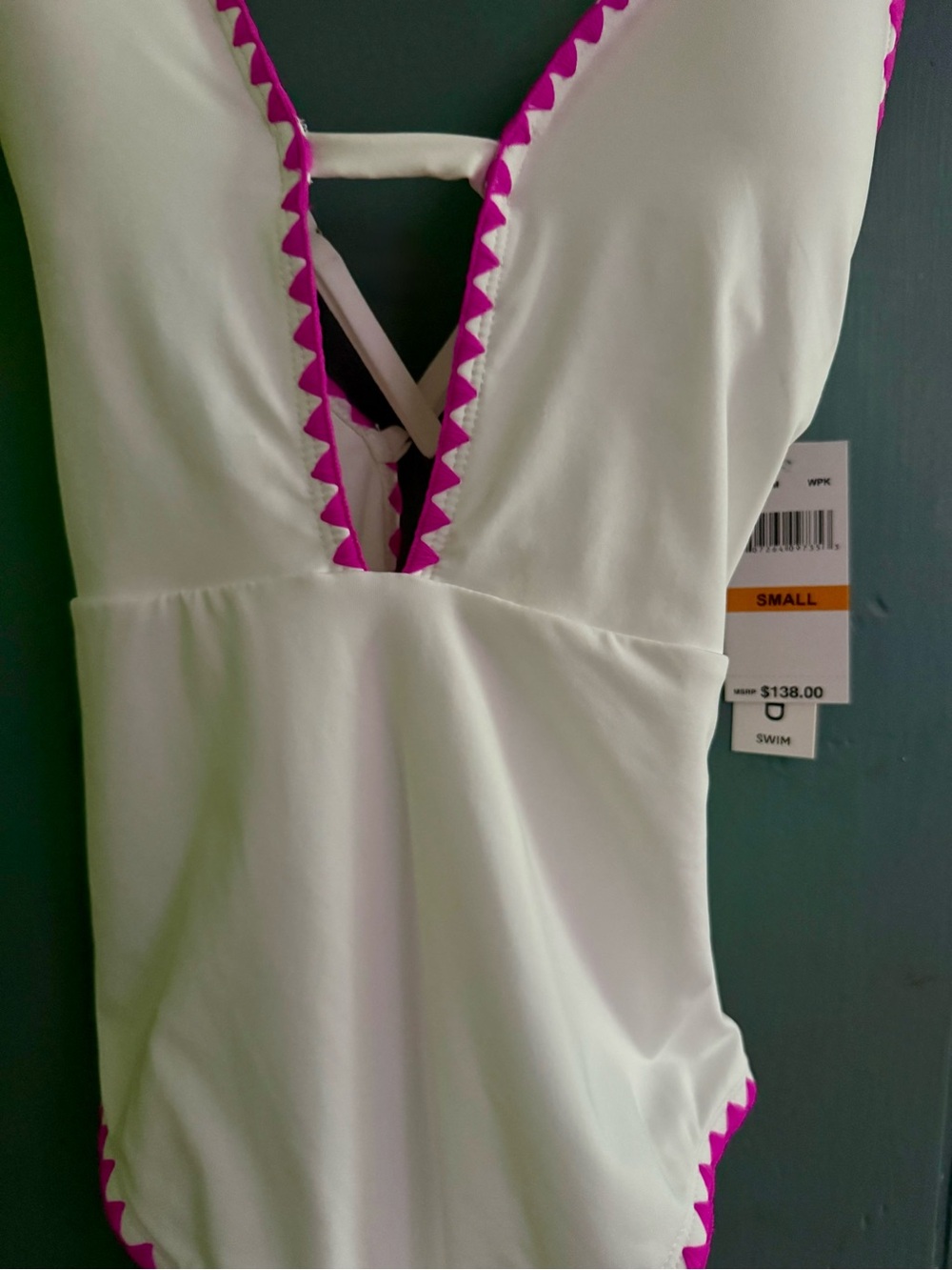 BNWT - Lucky Brand White One-Piece Plunging Swimsuit w/ Magenta Trim - Size S - Picture 3 of 6